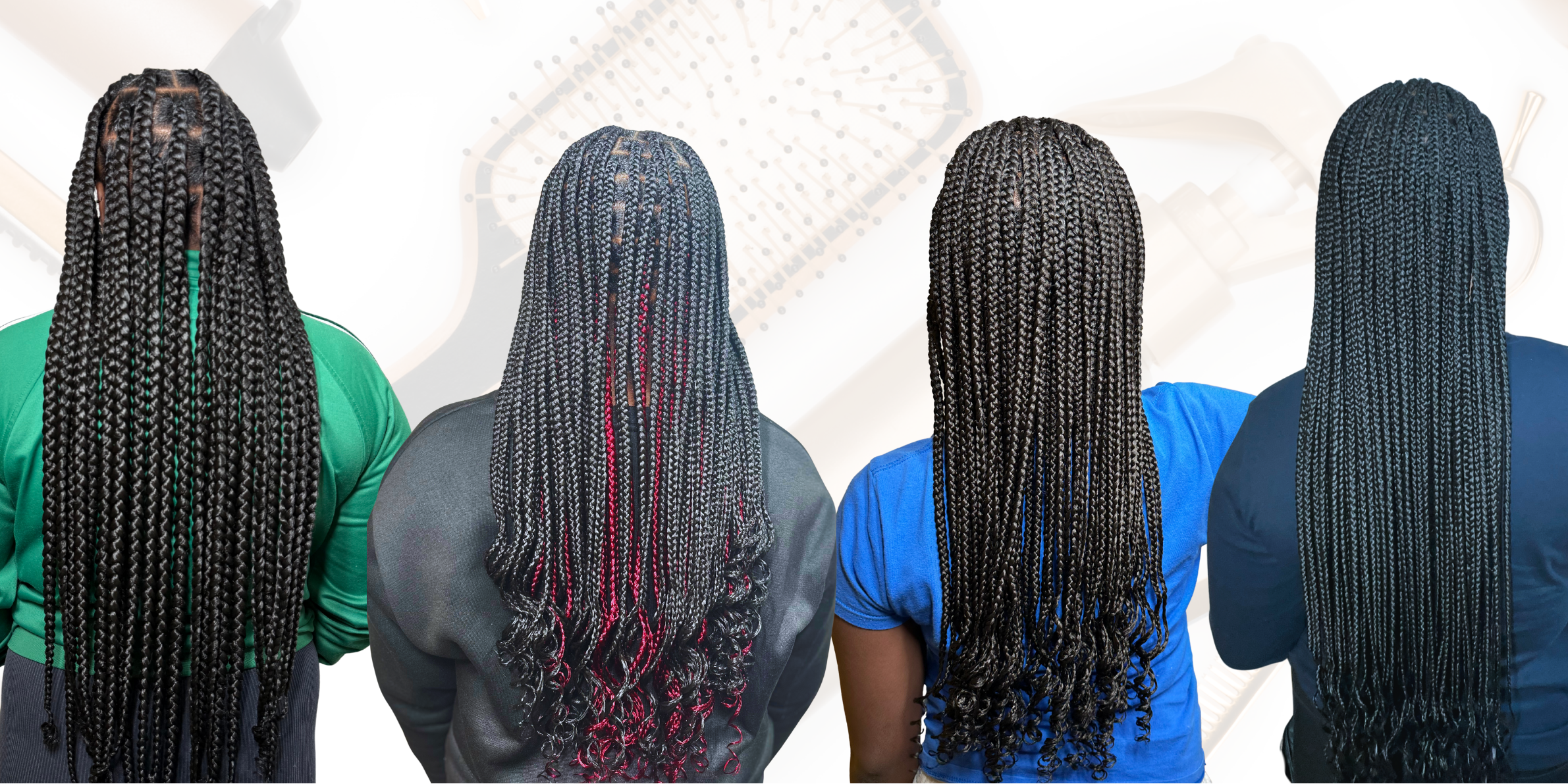 Four women with long knotless braid hairstyles on a white background with hair tools.done by chocolate pickney 